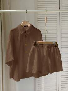SHEIN EZwear Chocolate Brown Woven Women Short Sleeve Shirt And Shorts Casual Set - Chocolate Brown - View 6