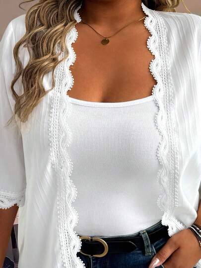 EMERY ROSE Plusstorlek Dam Enfärgad Öppen Kofta Med Volang Halvärmad, Avslappnad Topp