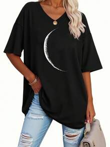 EMERY ROSE Moon Print V-Neck T-Shirt, Spring/Summer Casual Short Sleeved T-Shirt, Women's Wear