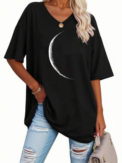 EMERY ROSE Moon Print V-Neck T-Shirt, Spring/Summer Casual Short Sleeved T-Shirt, Women's Wear