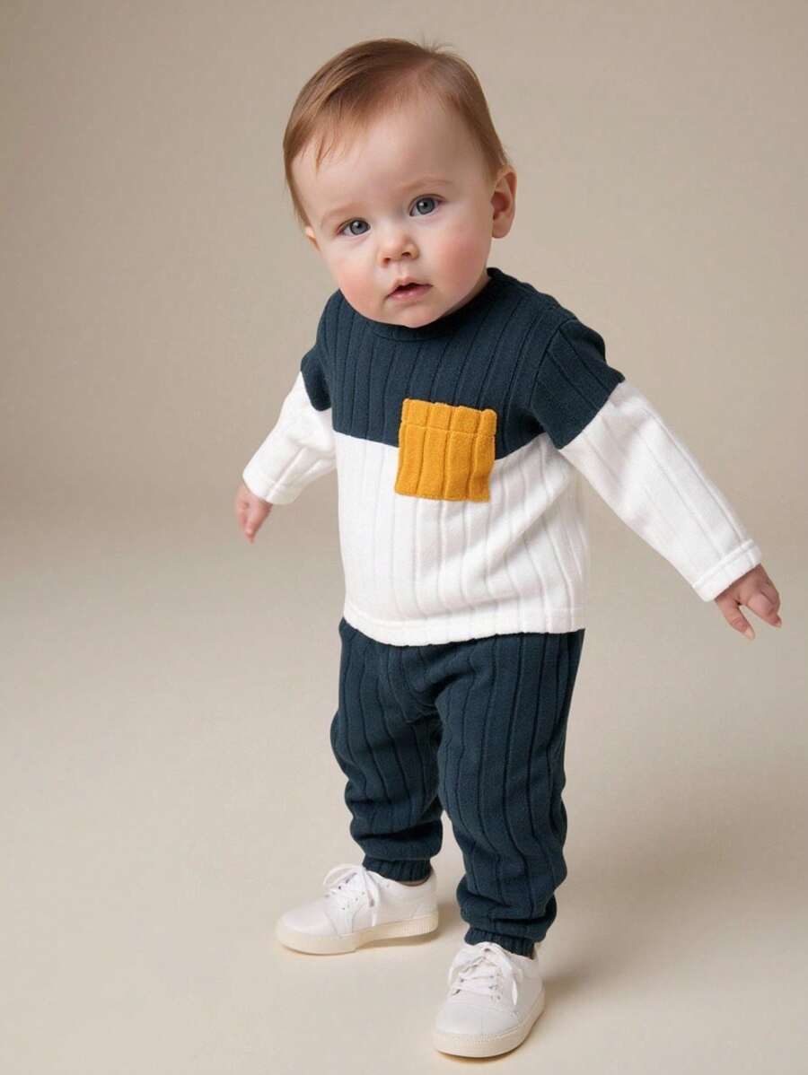 SHEIN Playful Pals 2pcs/Set Toddler Boys Blue & White Contrast Color Block Casual Long Sleeve Top And Stripe Drawstring Pants, Featuring Yellow Pocket Accent, Suitable For Children Everyday Wear, Autumn Baby Boy Fall Outfit Baby Boy Ribbed Outfit Baby Boy Clothes Baby Boys Rib Knit Long Sleeve Tee And Pants Set With Pocket Detail Winter