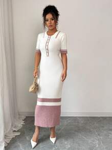 Elenzga Elegantes, simples enges Streifen-Jerseykleid mit Mock Neck, teilweise Knopfleiste vorne und kurzen Ärmeln