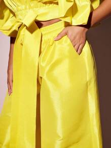 Vixey Buttery Yellow Drawstring Waist Solid Taffeta Jogger Pants, Summer, Vacation, Boho - Yellow - View 6