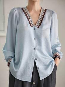 Dazy-Less Blusa holgada de negocios casuales con cuello en V de satén y gasa, con recortes y cintas, de manga larga, adecuada para primavera, verano y otoño - Azul - Ver 10