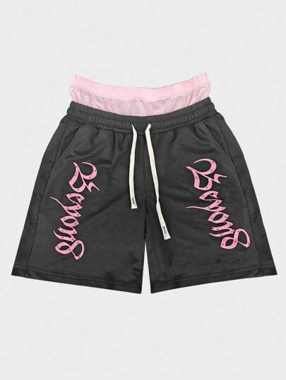 Street Life Pantaloncini casual da uomo neri con stampa glitterata di lettere del marchio