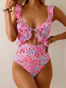 Swim Mod Women's One-Piece Floral Print Ruffled Belted Vacation Swimsuit, Summer - Multicolor - View 3