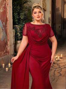 Glamrae Plus Size Burgundy Red Transparent Floral Applique High Waist Draped Asymmetric Fishtail Hem Evening Dress,Spring Formal Elegant Formal Occasion - Red - View 2