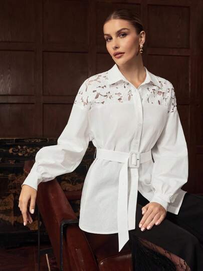 ZEYLAH Elegant Solid Color Waist Lace Patchwork Shirt