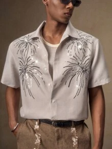 AKNOTIC Business Casual 男士杏色手工刺绣烟花反光亮片刺绣休闲宽松短袖衬衫，时尚适合日常穿着、度假、派对、毕业典礼、海滩、家庭聚会、礼物 - 杏色 - 查看 5