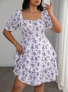 Elenzga Vestido plus size feminino estilo francês elegante, azul e branco, floral, bainha dupla, manga bolha, verão