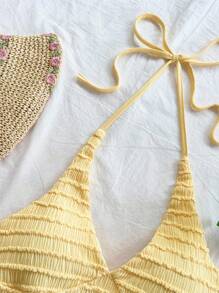 Soleia 2 件套女士度假装 - 甜美可爱浪漫乡村风格淡黄色纹理针织 V 领细肩带上衣和短裤套装，波西米亚风，波西米亚风，浪漫花卉 - 黃色 - 查看 5