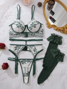 Bộ đồ lót ren hai màu lãng mạn 5 món gợi cảm khi đi chơi - Màu xanh lá cây đậm - Xem 5
