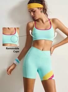 VARSIVA Conjunto de ropa deportiva para mujer con top de tirantes y shorts con recortes de bloques de color - Multicolor - Ver 13