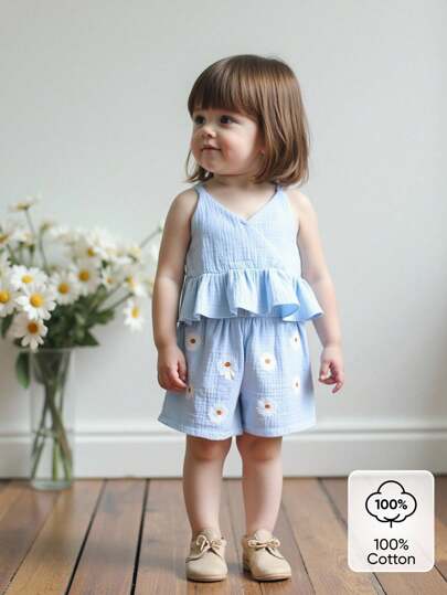 SHEIN Vintaside Kids 2 件套女童花卉印花无袖短裤套装，夏季