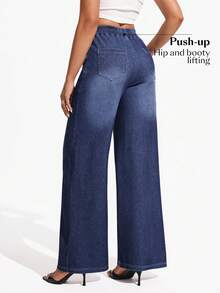 SHEIN Essnce Women's Casual & Work Wide-Leg Washed Denim Jeans - Medium Wash - View 2