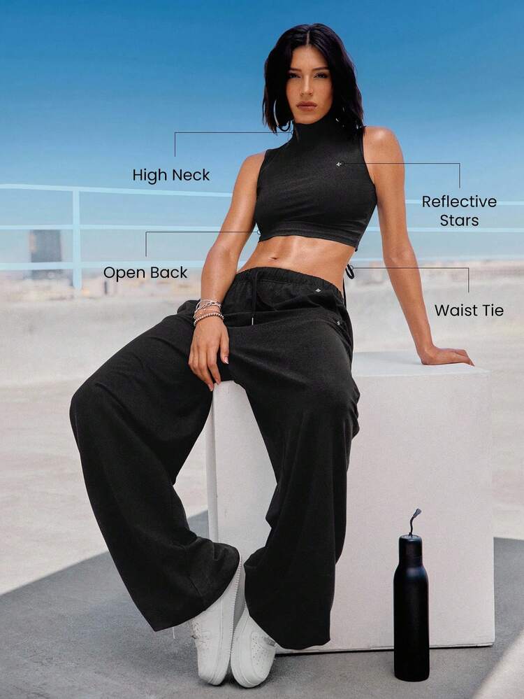 GLOWMODE Nylon Big Moves Stretchy Reflective Breathable Open Back Cropped High Neck Lace-Up Tank Top Dancing Yoga Pilates - Black - View 3