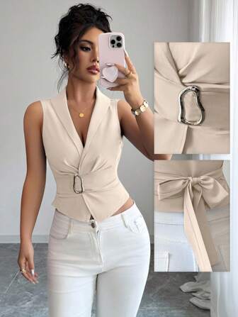 Elenzga Women's Dignified Vintage Style Metal Apricot Button Up Shirt