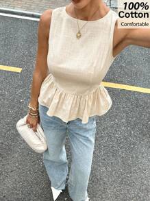 Siren Gaze 100%纯棉A字腰部上衣，女士可爱上衣，返校季服装，新款时尚女士休闲上衣，夏季休闲款 - 杏色 - 查看 3