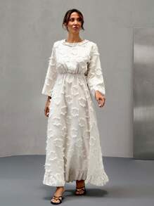 EURMUSE 纹理面料，荷叶边下摆长裙 - 白色 - 查看 3