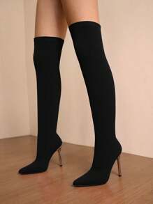 Daringsoles 女士尖头细高跟性感水钻闪亮派对靴过膝绒面黑色靴子，秋冬 - 黑色 - 查看 2