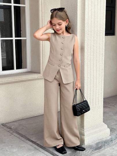 SHEIN Stylish Girls' Khaki Shirt Co-Ord Set With Regular Fit And Minimalist Button Details Girls Pant Suit Tween Girl Pant Suit 2 Piece Business Outfit Tween Girls Formal Outfit Formal Pant Suit For Girls