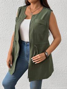 EMERY ROSE Plus Size Women Sleeveless Casual Solid Color Round Neck Jacket With Pockets And Zipper, Spring/Autumn Winter Fall - Army Green - View 1