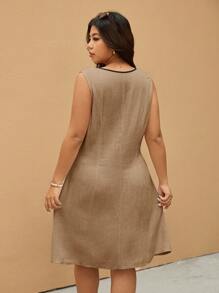 Elaquor 大码撞色V领无袖修身连衣裙 - 駝色 - 查看 2