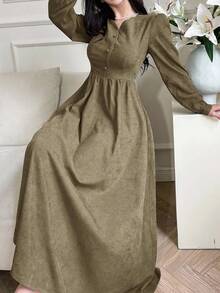 Feyla Đầm dài tay đèn lồng màu trơn thanh lịch cho nữ - màu xanh lá - Xem 3