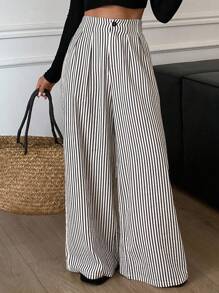 DAZY 女式条纹褶皱高腰阔腿休闲裤 - 黑與白 - 查看 4