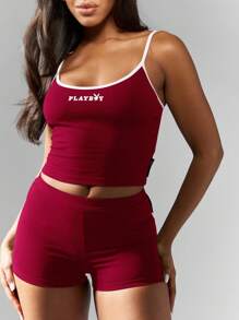 Missguided x Playboy Christmas Crop Tank Top Booty Shorts Active Two Piece Outfit Retro Streetwear Spring Summer Set Fitness Studio Gym Wear Stretch - Red and White - View 6