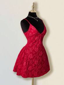SHEIN ICON Women's Dark Pattern Mini A-Line Flowy Dress, Solid Red Color, Sexy Elegant Deep V Neck Backless Peplum Bodycon Party Dress Red Homecoming Dress - Red - View 5