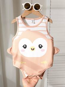 SHEIN Infant Unisex Penguin Pattern Knit Soft Crew Neck Sleeveless Bodysuit, Casual And Versatile - Khaki - View 4