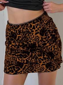 INAWLY Women Leopard Print Bodycon Fitted Mini Skirt - Brown - View 5