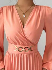 Elenzga 女式重叠 V 领灯笼袖褶边返校优雅婚礼派对礼服，秋冬 - 橘色 - 查看 6