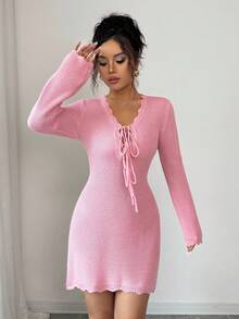 Elenzga Sexy Fashion 3D Flower Ruffle Hem Tie Bow Knot Bodycon Long Sleeve Sweater Dress For Women - Pink - View 5