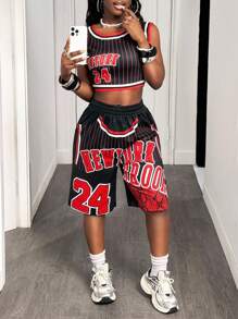 BamGleam 女式夏季字母条纹短款上衣和短裤两件套，休闲 - 黑色 - 查看 7