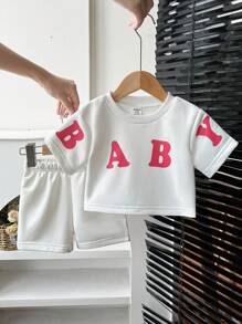 SHEIN 2 件套女婴休闲日常可爱趣味标语重磅针织运动衫和短裤套装 - 白色 - 查看 3