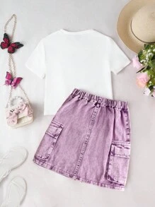 1 Set Teenager Girls Casual Fitted Short Sleeve T-Shirt With 3D Butterfly Wash Denim Patch Embroidery Design & Purple Wash Fitted Denim Cargo Pocket Half Skirt, Simple Stylish Daily Wear