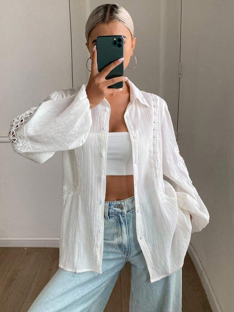 Women's Lace Patchwork Lapel Loose Button-Up City Casual Shirt Long Sleeve Top Vacation