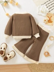 SHEIN 2 chiếc Áo len dệt kim Colorblock cho bé gái trên và eo đàn hồi Bộ quần dệt kim rộng, mùa thu & mùa đông - màu nâu - Xem 4