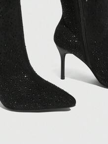 CUCCOO SZL 女士尖头高跟踝靴，黑色天鹅绒面料，水钻装饰，时尚舒适，适合派对夜店，侧拉链