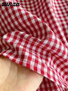 2 件套青少年女孩荷叶边格子吊带背心和阔腿裤套装，夏季新款优雅度假装 - 紅白色 - 查看 5