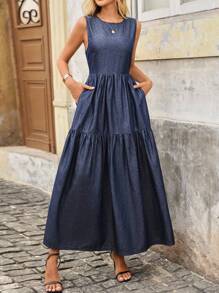 EMERY ROSE 女式休闲无袖牛仔长裙，带荷叶边下摆，夏季 - 深色水洗藍 - 查看 3