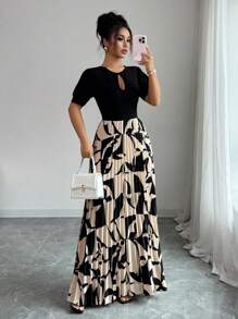 Elenzga Fantasia de Halloween colorida, manga curta bufante, gola redonda, cintura baixa, linha A, plissado, elegante, romântico, vestido feminino - Multicolorido - Ver 6