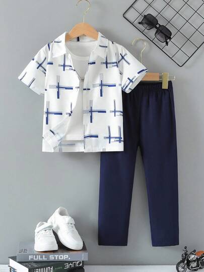 SHEIN 年轻男童休闲几何印花领短袖衬衫和长裤套装休闲年轻男童套装男童服装套装男童两件套