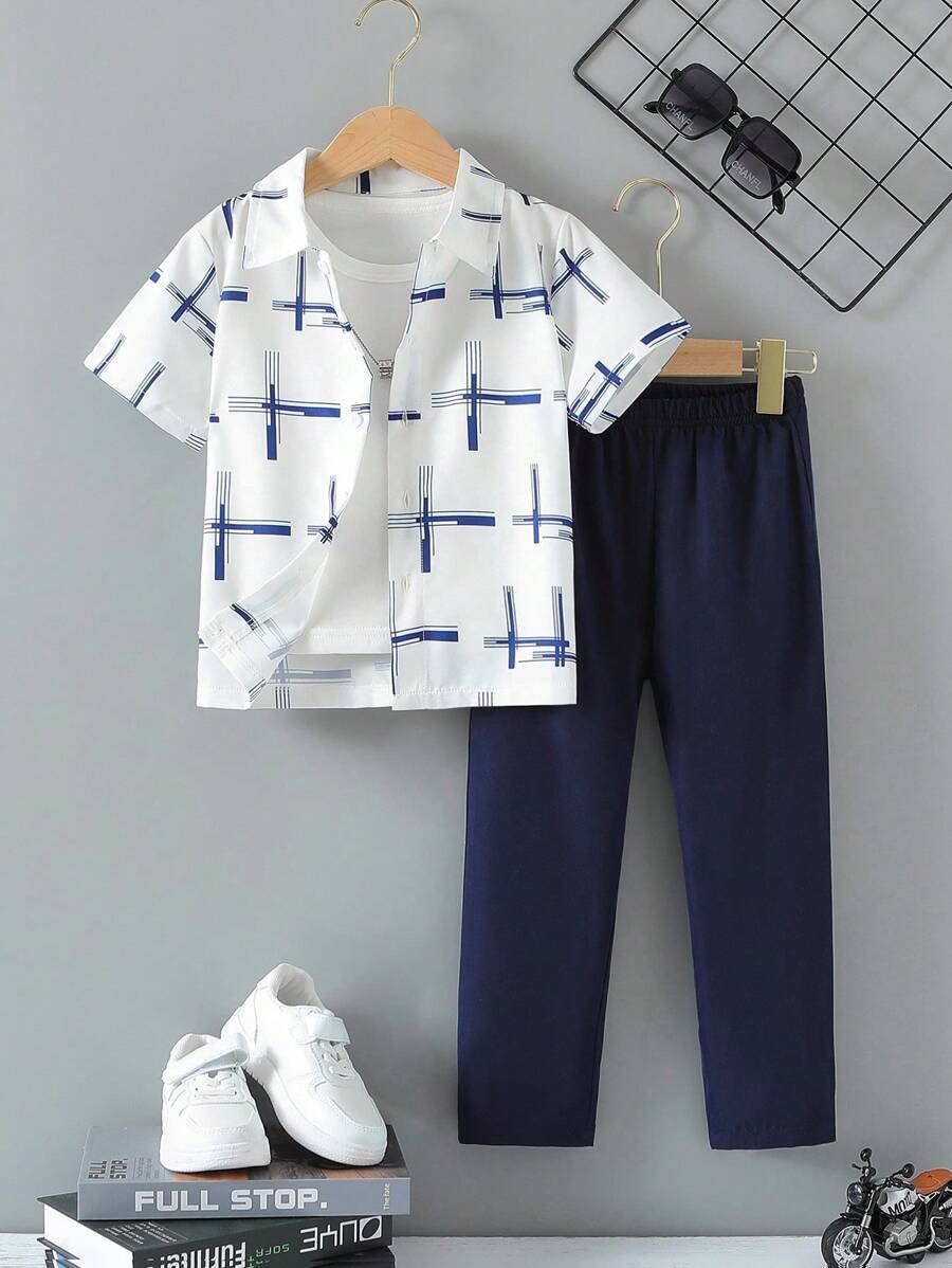 SHEIN Bộ đồ trẻ em trai thường ngày, áo sơ mi ngắn tay cổ in hình địa lý và quần dài Bộ đồ trẻ em trai thường ngày Bộ quần áo bé trai Bộ đồ hai mảnh cho bé trai - Nhiều màu - Xem 1