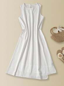 EMERY ROSE Vestido de verano sin mangas de algodón informal con cuello redondo y corte evasé en color blanco