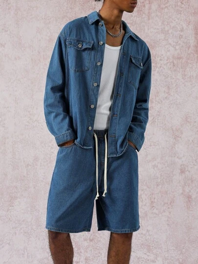 Manfinity EMRG Bộ đồ 2 mảnh áo dài tay và quần short denim cho nam, trang phục jean cho nam 2 món, mùa thu