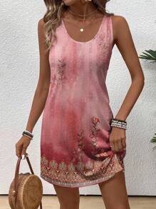 SHEIN LUNE 女士休闲复古花卉印花圆领吊带裙，适合春夏季