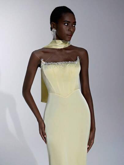 Elitara Elegant Pale Yellow Minimalist Large Statement Necklace With Hand-Made Ombre Crystal Decorations And Detachable Chained Pendant, Suitable For Date, Vacation, Wedding, Formal Gown Events